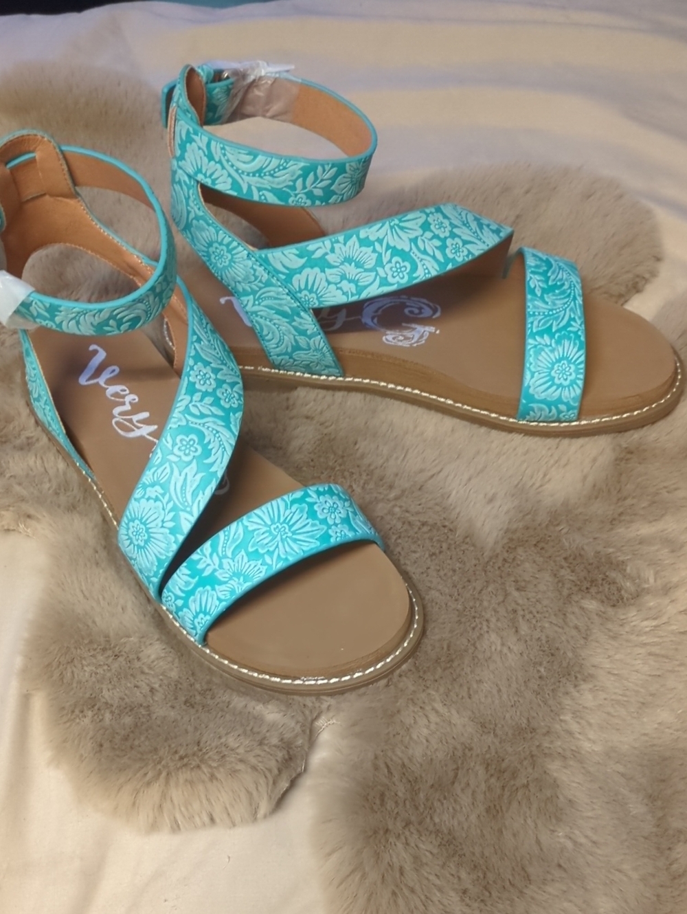 Teal Floral Strappy Ankle-Wrap Sandals